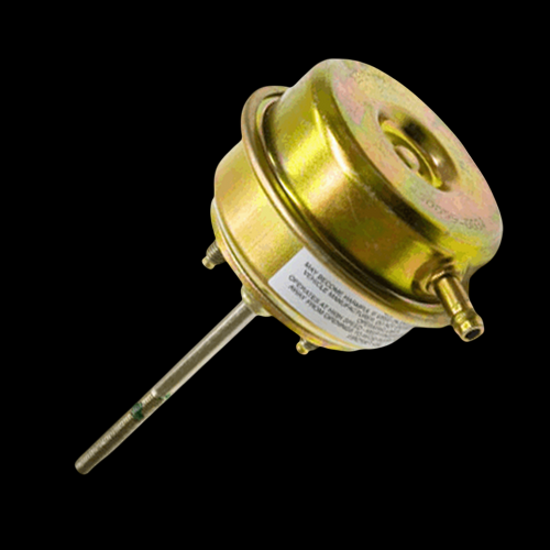 Garrett GT25 internal wastegate actuator, 0.5 BAR, gold canister with hose fitting and adjustable rod, angled view