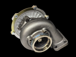 BL-5858 Billet Turbocharger, front angle showing compressor inlet, housing bolts, and cast exhaust flange