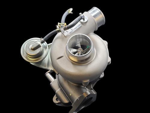 BL VF48 Turbocharger for Subaru STi, angled view showing billet compressor wheel, wastegate actuator, and oil fittings