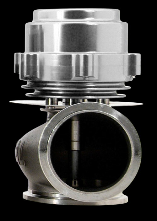 TiAL Sport V60 60mm wastegate, silver, side view showing round inlet flange and top actuator dome