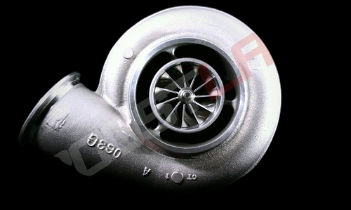 BL372R turbocharger, front angle view showing compressor wheel, housing and elbow inlet flange
