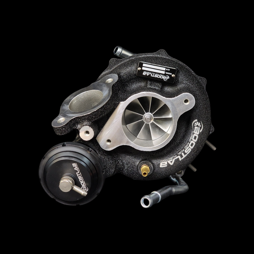 BL58XR turbocharger for Subaru WRX FA20, angled front view showing billet compressor wheel, wastegate actuator, and inlet flange