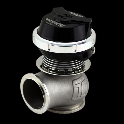Turbosmart WG45 Gen V Hyper-Gate 45 external wastegate, black cap, side view showing V-band inlet flange