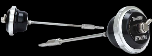 Turbosmart IWG75 wastegate actuator, black canister with adjustable rods, side view showing both linkage arms