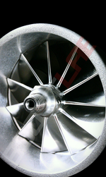BL372R turbine wheel close up, front angle showing blades and center hex fitting on threaded shaft