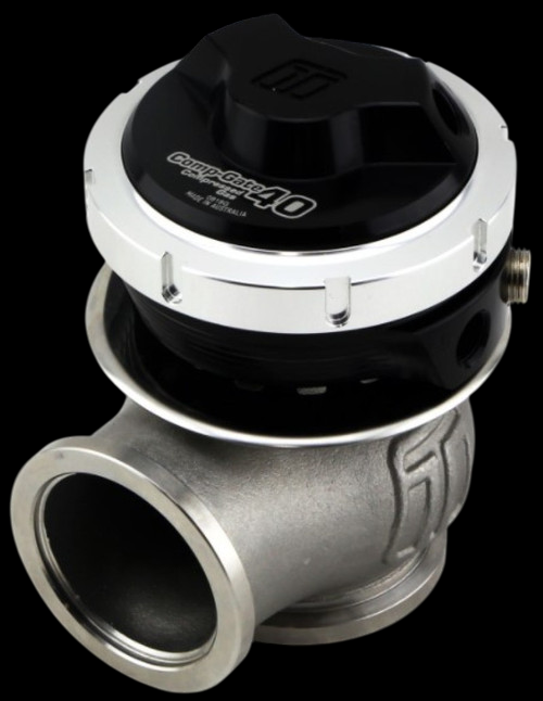 Turbosmart WG40 Gen V Compgate 40mm wastegate, black top, side angle showing cast inlet flange and side port