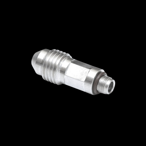 GFB 4AN vacuum fitting, stainless, hex body with male AN flare and threaded port, angled view