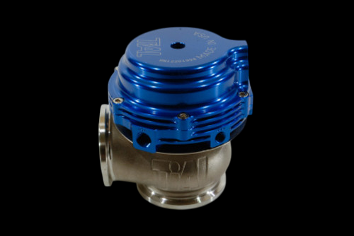 TiAL Sport MVR 44mm wastegate in blue, side angle view showing top cap and flanged inlet/outlet ports