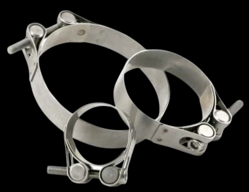 Three stainless steel T bolt hose clamps of varying sizes, arranged overlapping on black background