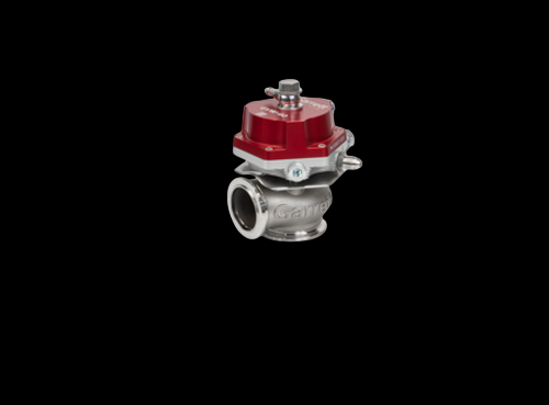 Garrett GVW-45 45mm wastegate with red top cap, angled view showing flange, stainless body and top spring nut