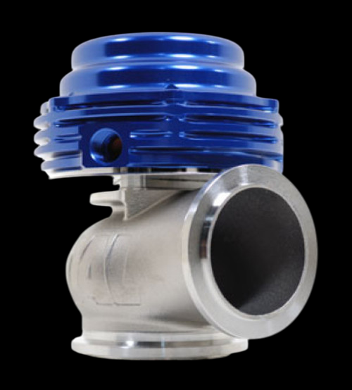 TiAL Sport MVS 38mm wastegate in blue, side view showing flanged inlet port and finned actuator top