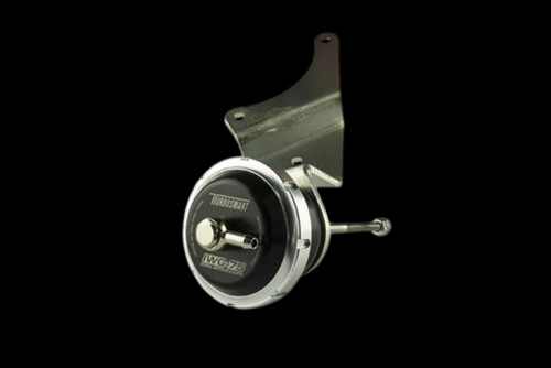 Turbosmart IWG75 black internal wastegate actuator with steel mounting bracket, front angled view