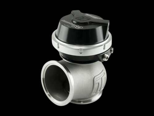 Turbosmart GenV WG60 Powergate 60 external wastegate, black cap, side angle view with inlet flange