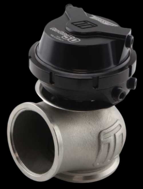 Turbosmart WG50 Pro-Gate 50 external wastegate, front angle showing stainless body and black actuator cap