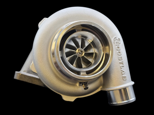 Boost Lab BL5855X billet turbocharger, front view showing compressor wheel, housing and outlet flange