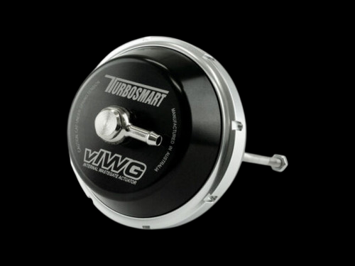 Turbosmart vIWG wastegate actuator, black canister with chrome fitting, front angled view