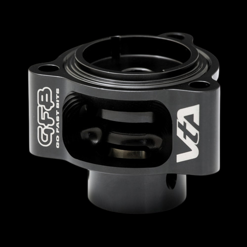 GFB VTA valve for Mercedes turbo, black billet housing, angled view showing inlet flange and outlet port