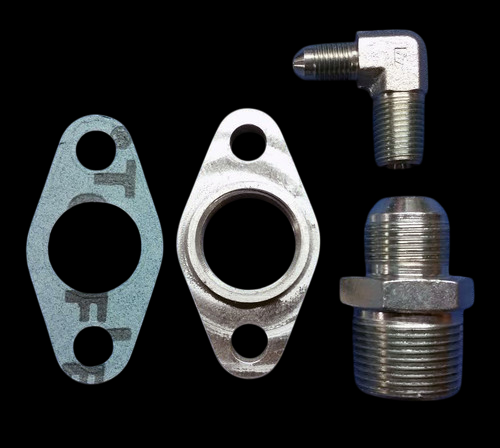 BL T6/Large Frame Turbo Oil Fitting Kit with NPT drain flange, gasket, 90 degree fitting and adapter fitting shown