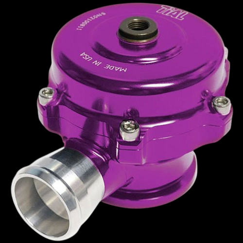 TiAL Sport QR BOV 8 PSI purple blow off valve, angled view showing bolted flange, top adjuster nut, and 1.5in aluminum inlet