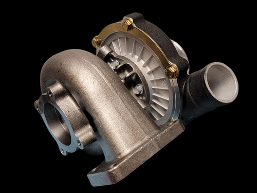BL-5757 turbocharger, angled front view showing compressor housing, turbine wheel, and gold clamp
