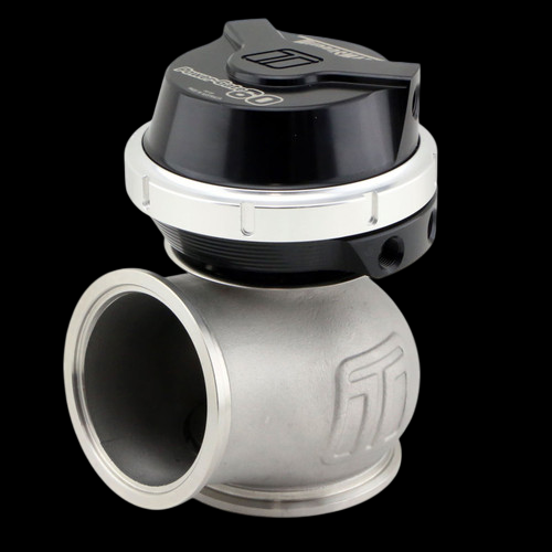 Turbosmart WG60 Gen V Power-Gate 60 external wastegate, black cap, side angle view with flange