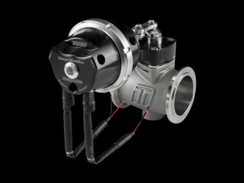 Turbosmart PSG40CG StraightGate40 wastegate, black actuator with braided hoses, side angle view