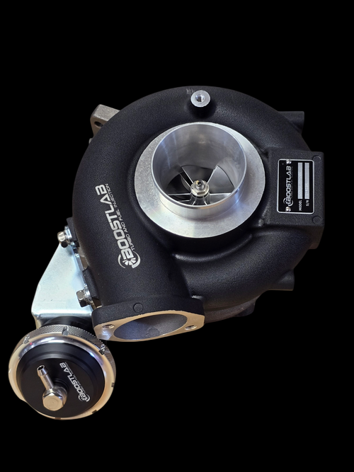Boost Lab TD06SL2R-20G turbo for Evo 8/9, angled view showing compressor housing and wastegate