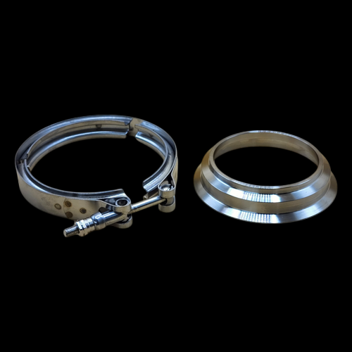 Boost Lab S200/S300 4.21" Marmon flange and 3" V-band clamp kit, shown side by side on black background