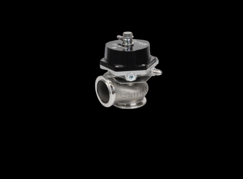 Garrett GVW-40 40mm wastegate kit, black actuator, angled view showing inlet flange and mounting bolts