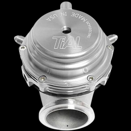 TiAL Sport MVS 38mm wastegate in silver, top down view showing bolts, inlet flange and top port
