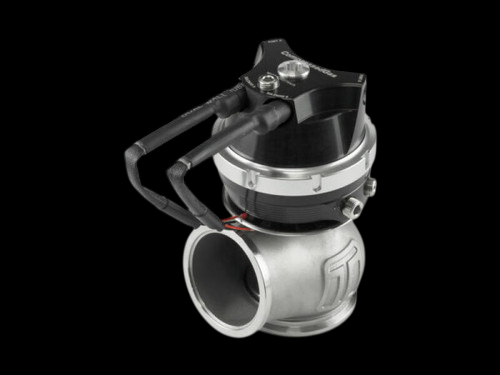 Turbosmart WG50CG ProGate50 wastegate, black cap, angled view showing hose fittings and V-band clamp