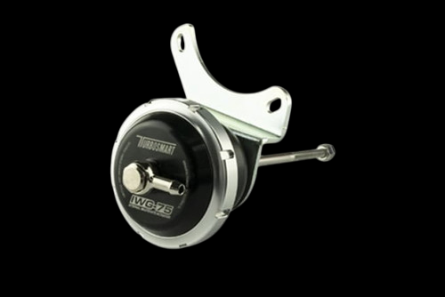 Turbosmart IWG75 wastegate actuator, black canister with silver mounting bracket and rod, front angle view