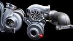 N54 BMW TD04L-17T turbo upgrade, side view showing compressor wheel, wastegate actuator, exhaust housing