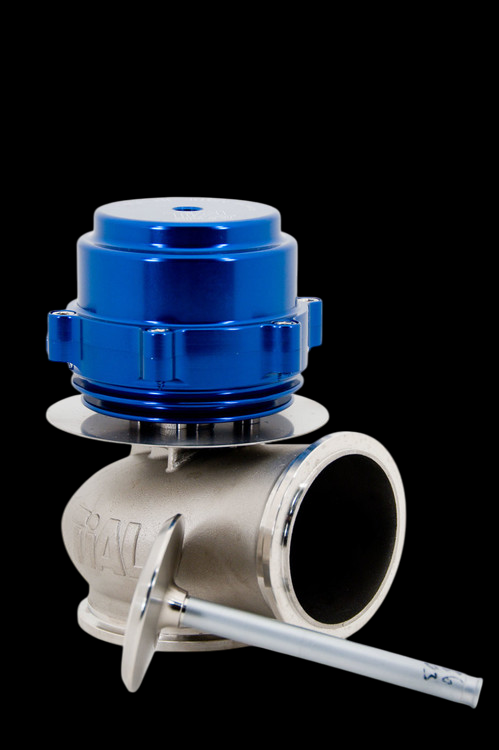 TiAL Sport V60 wastegate, 60mm, blue anodized top with steel body, valve and clamp visible, angled view