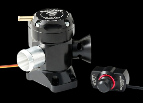 GFB Deceptor Pro II motorized blow off valve with black body, silver inlet, wired controller knob shown side by side.