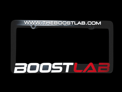 Black BL License Plate Frame, front view, WWW.THEBOOSTLAB.COM top text, BOOSTLAB logo on bottom rail.