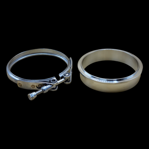 Boost Lab BL 1.31 A/R V-Band housing outlet flange and stainless T-bolt clamp, side by side view