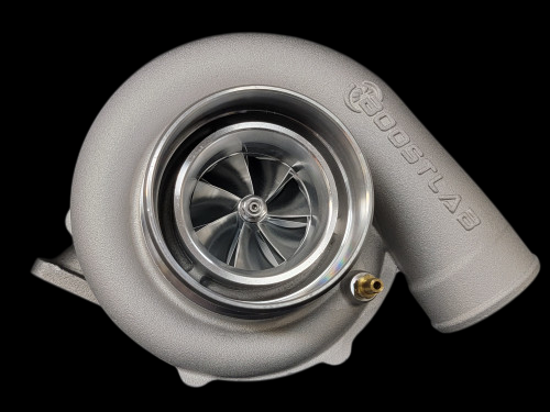 Boost Lab BL6266RC billet turbocharger, front view showing compressor wheel, housing and inlet fitting