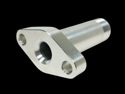 Billet T6 large frame extended oil drain flange, angled view showing threaded outlet and bolt holes.
