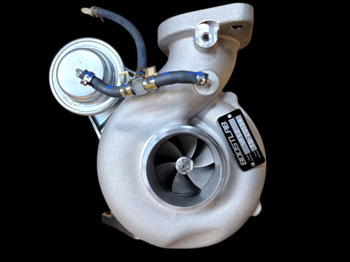 BL VF52 turbocharger, front angle showing compressor wheel, wastegate actuator, and hoses