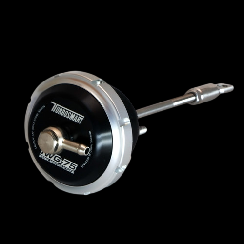 Turbosmart IWG75 black wastegate actuator, angled view showing brass fitting and adjustable rod end