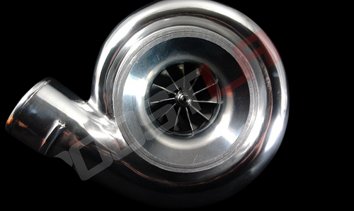 BL372R turbo with race cover, front view showing polished compressor wheel and curved inlet pipe