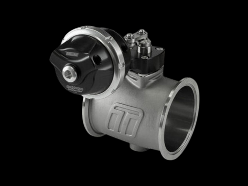 Turbosmart PSG76CG StraightGate76 wastegate, black actuator top, angled view of inlet flange