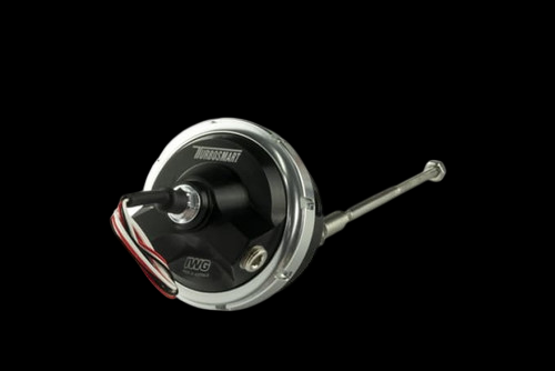 Turbosmart Gen-V IWG wastegate actuator in black, front angle with wiring and long threaded rod visible.
