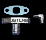 BoostLab T3/T4 turbo oil fitting kit, short -10AN billet drain flange with gasket and 90 degree fitting shown