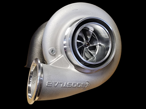 BL8685R Billet Turbocharger showing compressor wheel, cast housing, and 0.85 A/R exhaust flange outlet