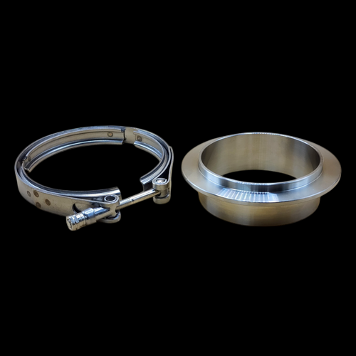 BL S400SX3 outlet flange and V-band clamp kit, stainless clamp beside machined flange on black background