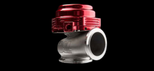TiAL Sport MVR 44mm wastegate in red, side angle showing top cap, actuator body and inlet flange.
