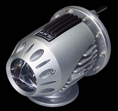 HKS Super SQV 4 blow off valve, angled front view showing flanges, vent fins and HKS logo badge