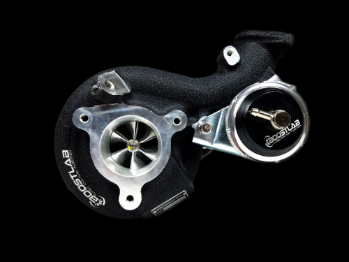Boost Lab EVO-X TD06SL2-20G billet turbocharger, front angle showing compressor wheel, wastegate and heat shield